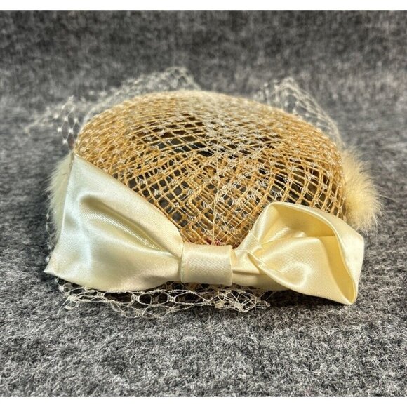 Valerie Modes 40s 50s Vintage Veil White Hat Church Lady Costume Fur Bow - Picture 1 of 7